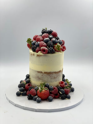 Semi Naked Cake with an Abundance of Fresh Fruit - Available as standard, vegan or gluten free Vanilla Pod Bakery 5" Round to feed 7 - 15 portions 