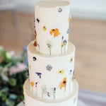 Three tiered buttercream cake with colourful dried pressed flowers to decorate