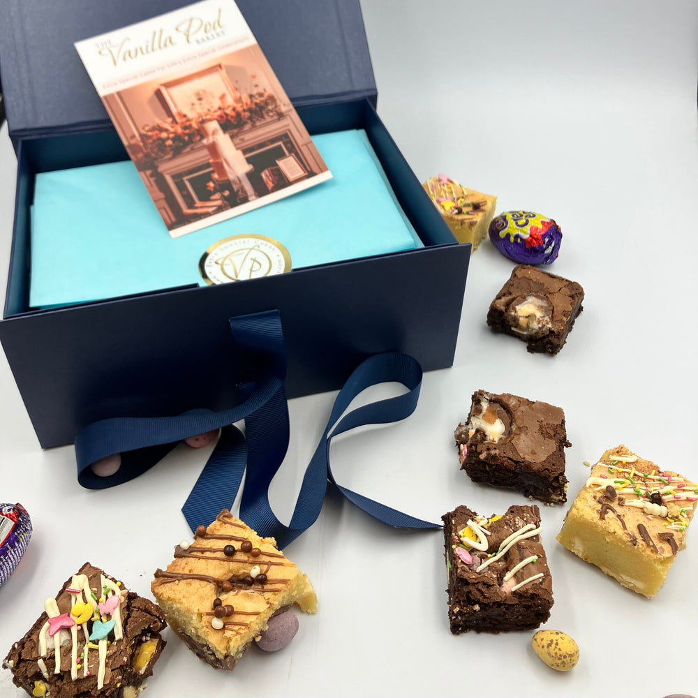 Spring Themed Individual Wrapped Brownie Postal Gift Box - Available January - Easter Cakes & Dessert Bars Vanilla Pod Bakery Box of 15x Bite Size Individually Wrapped Brownies 