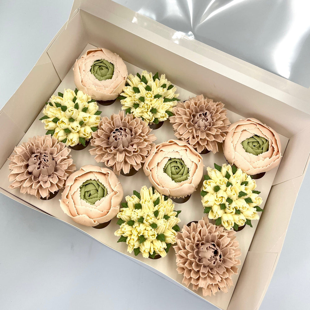 Tulips, Dahlia & Ranunculus Buttercream Cupcake Gift Box Vanilla Pod Bakery 6x Cupcakes 