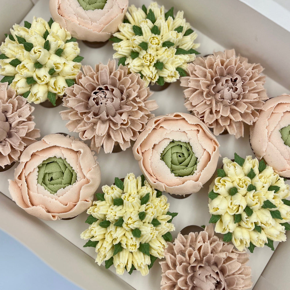 Tulips, Dahlia & Ranunculus Buttercream Cupcake Gift Box Vanilla Pod Bakery 