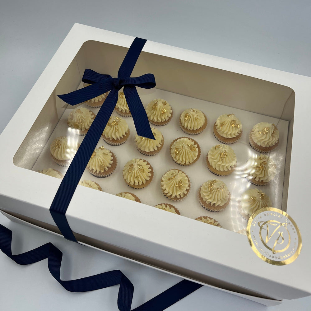 
            
                Load image into Gallery viewer, 24x Bite Size Buttercream Cupcakes with 24ct Gold Leaf Vanilla Pod Bakery 24x Cupcakes 
            
        