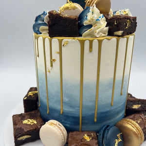 Ombre Buttercream Chocolate Brownies and Macaron Gold Drip Cake Cakes & Dessert Bars Vanilla Pod Bakery 