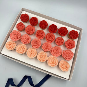
            
                Load image into Gallery viewer, 24x Bite Size Buttercream Ombre Roses Cupcake Gift Box Cupcakes Vanilla Pod Bakery 
            
        