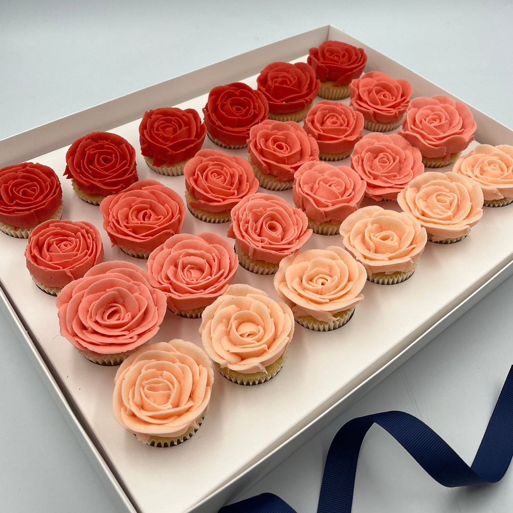 
            
                Load image into Gallery viewer, 24x Bite Size Buttercream Ombre Roses Cupcake Gift Box Cupcakes Vanilla Pod Bakery 24x Cupcakes 
            
        