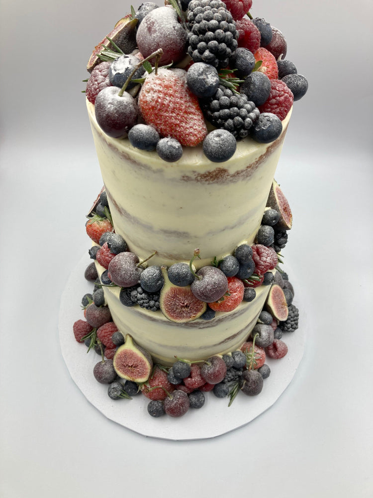 Semi Naked Cake with an Abundance of Fresh Fruit - Available as standard, vegan or gluten free Vanilla Pod Bakery 4" & 6" Round to feed 15 - 30 portions 