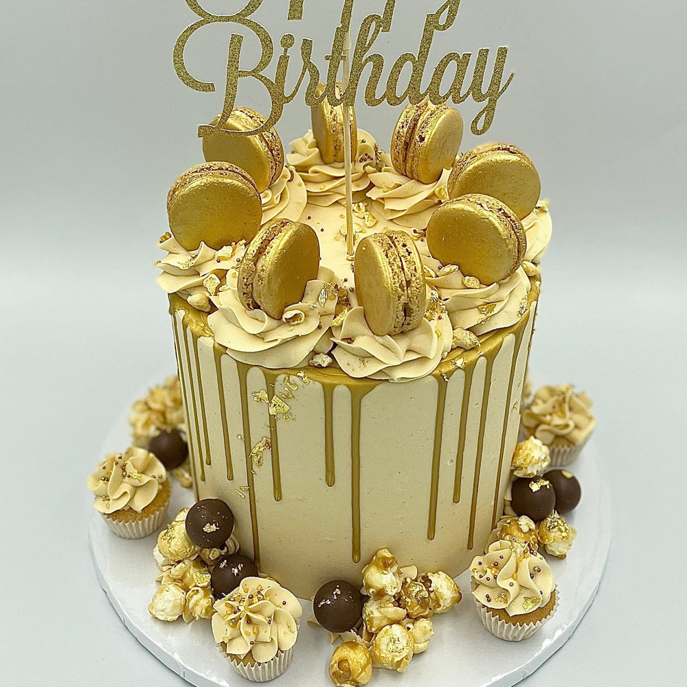 
            
                Load image into Gallery viewer, Gold Drip Cake Birthday Cake Vanilla Pod Bakery 7&amp;quot; Round to feed 15 -30 portions (Cake size shown in image) 
            
        