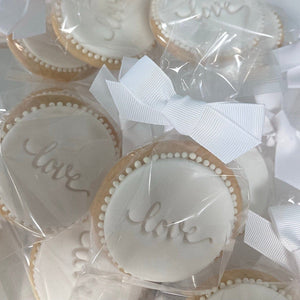 
            
                Load image into Gallery viewer, White &amp;#39;Love&amp;#39; Hand Iced Biscuits - Wedding Favours Biscuits Vanilla Pod Bakery 
            
        
