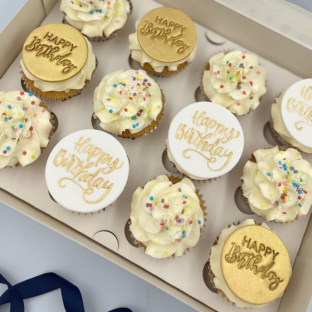 
            
                Load image into Gallery viewer, Happy Birthday Cupcake Selection Gift Box Cupcakes Vanilla Pod Bakery 12x Cupcake 
            
        